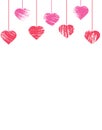 Hanging grunge hearts, great for banner, card, wallpaper for Valentine`s Day, wedding day and etc. Vertical. Vector illustration