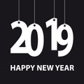 Hanging Happy New Year 2019 Background - White Vector Illustration - Isolated On Black Background Royalty Free Stock Photo