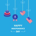 Hanging heart, flag, cake, Star and strip Happy independence day United states of America. 4th of July. Flat design Royalty Free Stock Photo