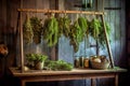 hanging herbs on rustic wooden drying rack