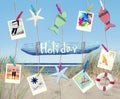 Hanging Holiday Sign and Summer Objects on Beach