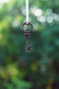 Hanging home key with house keyring with green garden background