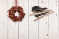 Hanging ice skates on wooden wall Royalty Free Stock Photo