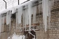 Hanging icicles over a brick wall Royalty Free Stock Photo