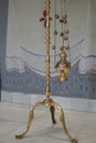 Hanging icon lamp in orthodox church. Orthodox icon lamp. Church attribute. Lamp stand Church