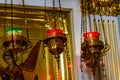 Hanging icon-lamps in orthodox church. Church attribute