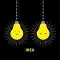 Hanging Idea light bulb icon set Happy smiling face. Shining effect. Dash line. Cute cartoon character. Yellow color switch on. Bu