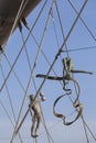 Hanging iron figures balancing on ropes on footbridge Bernatka,Krakow, Poland