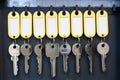 Hanging keys in metal cabinet for safety office or household keys management and keeping. keys with blank name tags, space for