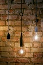 Hanging lamps, light bulbs, modern design, brick wall, art, lights