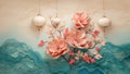 Hanging lantern traditional Asian decor on light blue background with pink flowers. Royalty Free Stock Photo