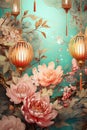 Hanging lantern traditional Asian decor on light blue background with pink flowers. Royalty Free Stock Photo