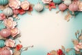 Hanging lantern traditional Asian decor on light blue background with pink flowers. Royalty Free Stock Photo