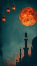 Hanging lanterns in front of mosque at night with full moon