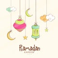 Hanging lanterns, moons and stars for Ramadan Kareem.