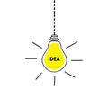 Hanging light bulb icon. Idea text inside. Shining effect. Dash line. Yellow color switch on lamp. Business success concept. Flat