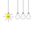 Hanging light bulb icon set. Perpetual motion. Switch on off lamp. Idea text. Shining effect. Dash line. Yellow color. Business su Royalty Free Stock Photo