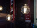 Hanging light bulbs as a decoration in a cafe