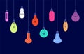 Hanging light bulbs. Creative ideas and lighting energy technology concept with glowing lightbulbs vector background