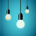 Hanging light bulbs glowing on blue background. Vector illustration.