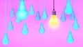 Hanging light bulbs with glowing one different idea on background , Minimal concept idea.3d rendering. Royalty Free Stock Photo