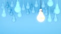 Hanging light bulbs with glowing one different idea on background , Minimal concept idea. Royalty Free Stock Photo