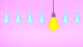 Hanging light bulbs with glowing one different idea on pink background , Minimal concept idea.3d rendering. Royalty Free Stock Photo