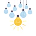 Hanging light bulbs with one of them glowing. Creative or innovative idea. Unique insight. Success or failure Royalty Free Stock Photo