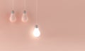 Hanging lightbulbs with one glowing on pink background. 3D illustration