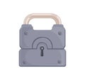 Hanging locked iron padlock with closed metal shackle and keyhole. Realistic protecting mechanism for lockers and safes Royalty Free Stock Photo