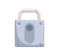 Hanging locked iron padlock with closed strong metal shackle and keyhole. Icon of safe private access and security