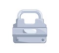 Hanging locked metal shining padlock with closed iron shackle. Icon of secure and private access. Realistic flat cartoon