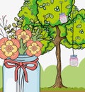 Hanging mason jar flowers tree landscape decoration Royalty Free Stock Photo