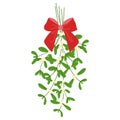 Hanging mistletoe with white berries and Red Ribbon bow. Cute cartoon flat illustration. Vector Christmas plant sticker in color Royalty Free Stock Photo