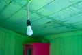 Hanging modern light bulb with green wooden planks Royalty Free Stock Photo