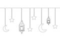 Hanging moon, star and lantern elements in one single continuous line drawing on white background Royalty Free Stock Photo