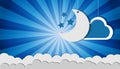 Hanging Moon Stars And Clouds - 3D Illustrations Over Blue Sunburst Background For Cards And Posters Royalty Free Stock Photo