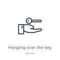 Hanging over the key icon. Thin linear hanging over the key outline icon isolated on white background from gestures collection. Royalty Free Stock Photo