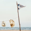 Hanging Peg Woven Hats Flag Pole Sea Shore Concept Royalty Free Stock Photo