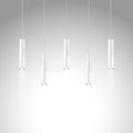 Hanging pendant tube shaped lamps. Modern interior light. Chandelier with white metal cylindrical lampshade. Realistic vector