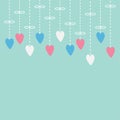 Hanging pink, white hearts. Dash line with bow. Love card. Blue background. Flat design. Royalty Free Stock Photo