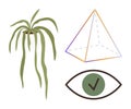 Geometric Pyramid, Eye with Check Mark, and Hanging Plant for Balance and Perspective Concepts Royalty Free Stock Photo