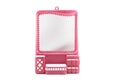 Hanging plastic makeup mirror set for bathroom isolated on a white