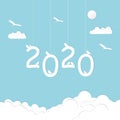 Hanging portrait 2020 happy new year illustration design with cloud, flying and seated bird in the sky concept. Paper art style. Royalty Free Stock Photo