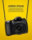 Hanging realistic photo camera. Professional photo studio banner.