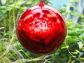 Hanging red ball Christmas ornament with reflection Royalty Free Stock Photo