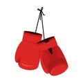 Hanging red boxing gloves. Accessory for boxer. sports equipment