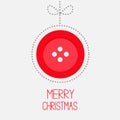 Hanging red button ball with bow dash line thred applique Merry Christmas card Flat design Royalty Free Stock Photo