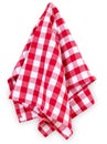 Hanging red checkered kitchen table towel isolated on white. Traditional picnic tablecloth. Royalty Free Stock Photo