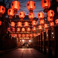 Hanging red Chinese Lanterns around temples and wooden decorations. Chinese New Year celebrations